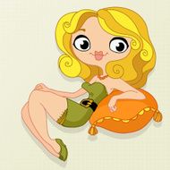 Blonde girl in green dress leans on a orange pillow