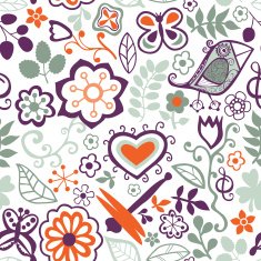 Cartoon seamless texture with flowers dragonfly and bird Endle