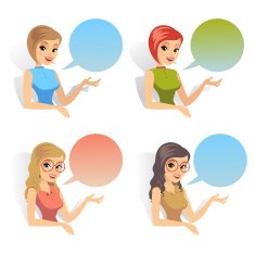 Four Beautiful woman with colorful dialog speech bubbles vector set