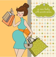 baby announcement card with beautiful pregnant woman on shopping N3