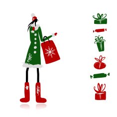 Girl in winter coat with shopping bag for your design