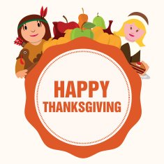 Happy Thanksgiving Badge - Indians Pilgrims Food