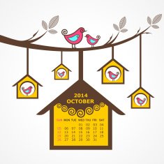 Calendar of October 2014 with birds sit on branch N2