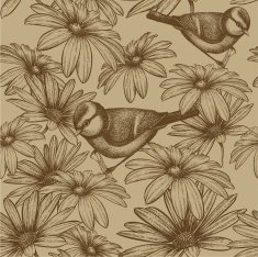 Seamless pattern with flowers and bird titmouse Vector illustration