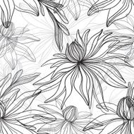 black and white monochrome vector seamless pattern of abstract flowers