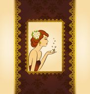 Vintage woman with flowers and butterflies on ornament background Vector