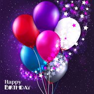 Vector birthday card with balloons and stars on galaxy background