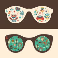 Set of hipster sunglasses with colorful flowers and foliage