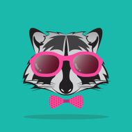 Vector images of raccoon and glasses on blue background