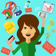 Happy woman with a card and phone in hands