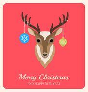Deer with Christmas balls on red background