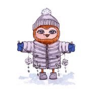 Owl in winter clothes with a garland Vector watercolor N2