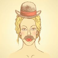 Sketch cute woman with hat and mustache