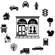 fashion boutique icon with suburben or urban theme circular border