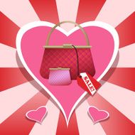 Purse and wallet with sale tags on a heart background