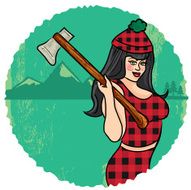 Pin up sexy Lumberjack girl in red flannel plaid axe N3