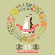 Cute wedding invitation with bride groom autumn leaves wreath