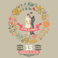Cute wedding invitation with bride groom autumn leaves wreath N2