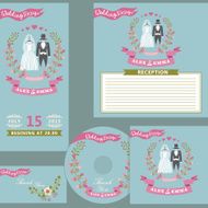 Vintage wedding design template set with floral wreath