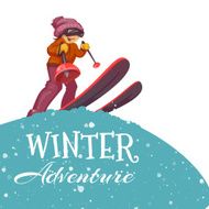 Winter Adventure poster with skier girl Vector illustration N2