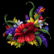 folk flowers bunch illustration isolated on black background