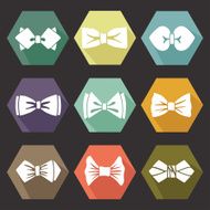 Several flat icons with white silhouettes of bow tie