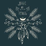 Hipster ethnic boho label with feathers and moon