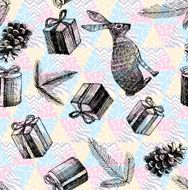 Rabbit presents and Christmas tree hand drawn pattern