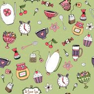Pattern with teacups teapots sweets and flowers
