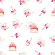 Cute perfume bottles and secret keys floral seamless vector pattern
