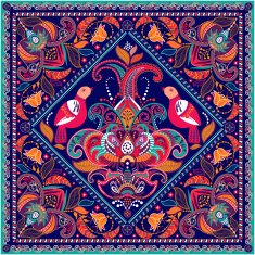 Square ornamental pattern with birds and flowers