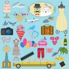Set of vintage wedding fashion style and travel elements icons