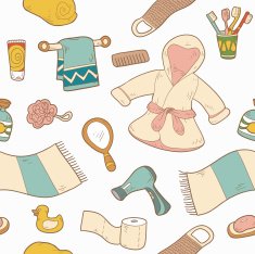 Seamless pattern of vector cartoon bathroom elements and persona