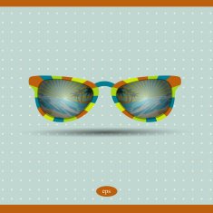 Retro sunglasses with tropical island refection Summer background illustration