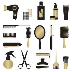 Gold and black hairdressing related objects set