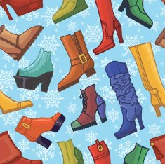 Colored women's boots shoes snowflakes seamless pattern