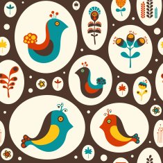 Seamless pattern with birds and flowers on brown background