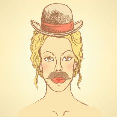 Sketch cute woman with hat and mustache