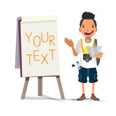 tourist guy presenting with paperboard - vector illustration N2