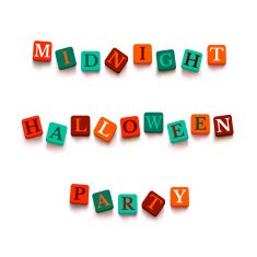 Word "midnight halloween party" with colorful blocks