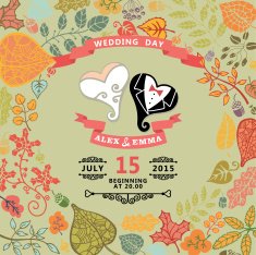 Cute wedding invitation with stylized heart autumn leaves N2