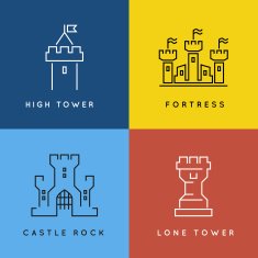 Castle and fortess line style or outlined vector logo set