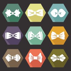 Several flat icons with white silhouettes of bow tie