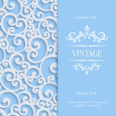 Vector Blue 3d Vintage Invitation Card with Floral Damask Pattern N3