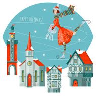 Girl skates at the rink in a winter city