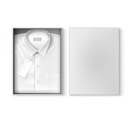 White classic men shirt with label in the packaging box