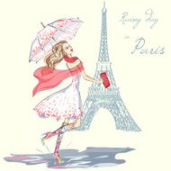 Fashion girl rainy day in Paris hand drawn illustration
