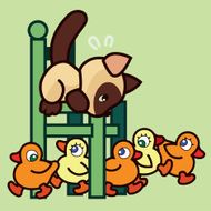 Cartoon cat is hidding from ducks on a chair N2