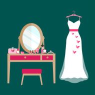 flat dressing table cosmetics and wedding dress vector illustration