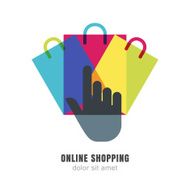 Vector logo design Hand pointer symbol and multicolor shopping bags